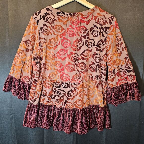 RXB Burgundy Red Gold Floral Velvet Burnout Velour Top Tiered Bell Sleeves Small - Picture 7 of 10